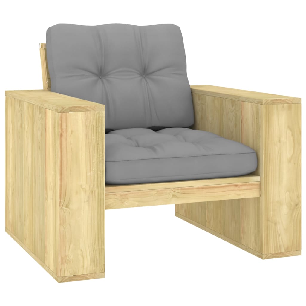 Pine garden armchair with gray seat and back cushions