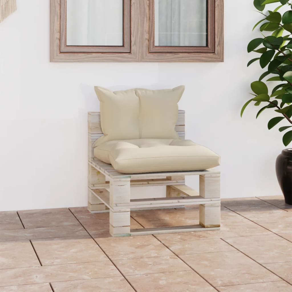 Individual pine pallet middle sofa with light cushions on a tiled patio
